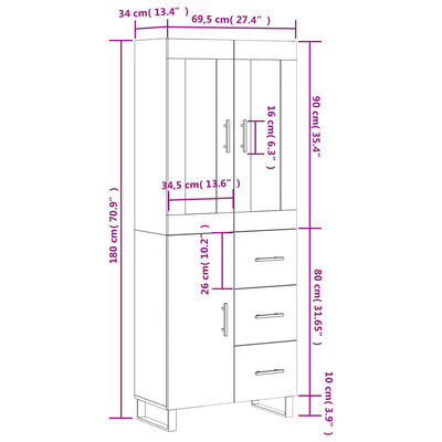 vidaXL Highboard Weiß 69,5x34x180 cm Holzwerkstoff