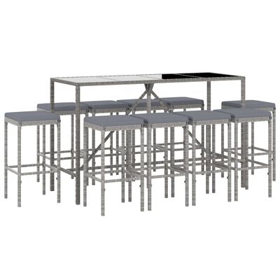 vidaXL 11-tlg. Gartenbar-Set mit Kissen Grau Poly Rattan