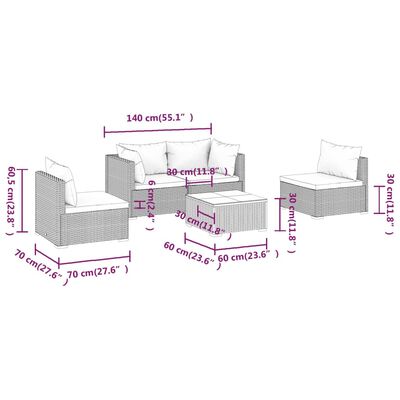 vidaXL 5-tlg. Garten-Lounge-Set mit Kissen Poly Rattan Braun