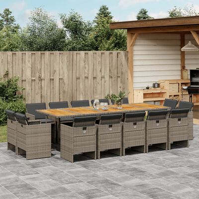 vidaXL 15-tlg. Garten-Essgruppe mit Kissen Grau Poly Rattan