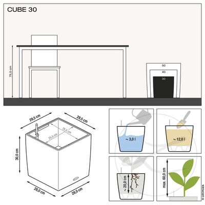 LECHUZA Pflanzgefäß CUBE 30 ALL-IN-ONE Kohlegrau-Metallic