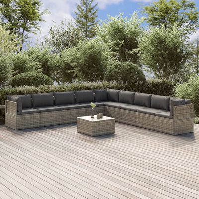 vidaXL 10-tlg. Garten-Lounge-Set mit Kissen Grau Poly Rattan