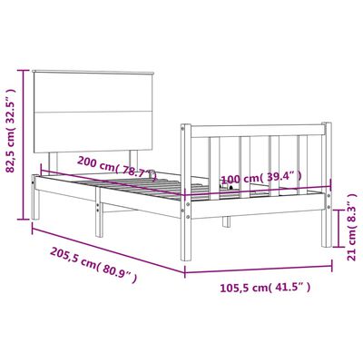 vidaXL Massivholzbett mit Kopfteil Schwarz 100x200 cm