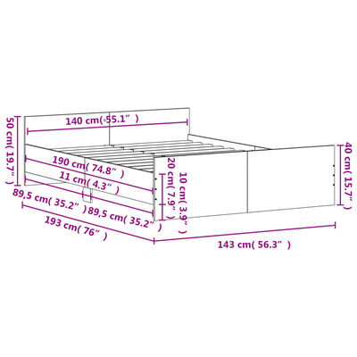 vidaXL Bettgestell mit Kopf- und Fußteil Grau Sonoma 140x190 cm