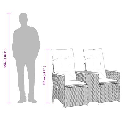 vidaXL Gartensofa 2-Sitzer Verstellbar mit Tisch Grau Poly Rattan