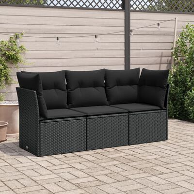 vidaXL 3-tlg. Garten-Sofagarnitur mit Kissen Schwarz Poly Rattan