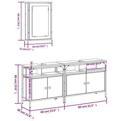 vidaXL 3-tlg. Badmöbel-Set Räuchereiche Holzwerkstoff