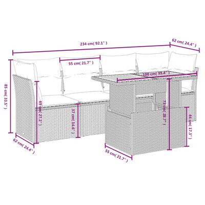 vidaXL 5-tlg. Garten-Sofagarnitur mit Kissen Schwarz Poly Rattan