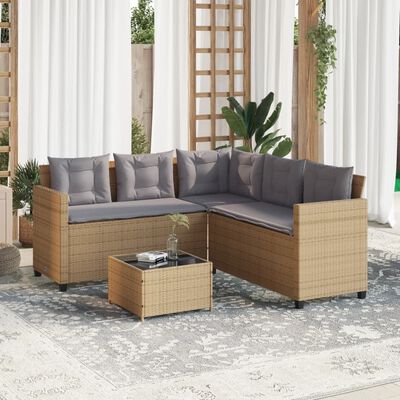 vidaXL Gartensofa in L-Form mit Tisch und Kissen Beige Poly Rattan