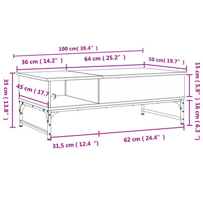 vidaXL Couchtisch Räuchereiche 100x50x35 cm Holzwerkstoff und Metall