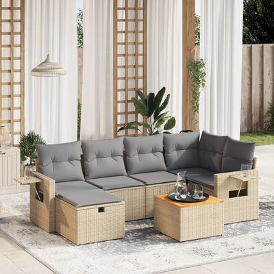 vidaXL 7-tlg. Garten-Sofagarnitur mit Kissen Beige Poly Rattan