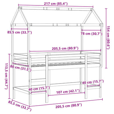 vidaXL Hochbett mit Leiter und Dach Weiß 80x200 cm Massivholz Kiefer