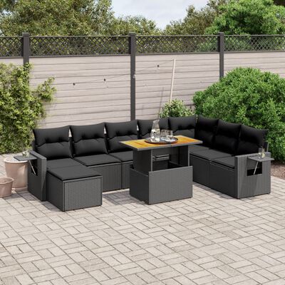 vidaXL 9-tlg. Garten-Sofagarnitur mit Kissen Schwarz Poly Rattan