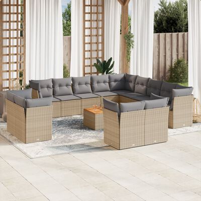 vidaXL 14-tlg. Garten-Sofagarnitur mit Kissen Beige Poly Rattan