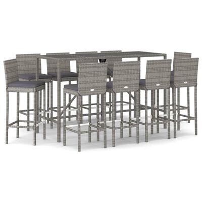 vidaXL 11-tlg. Gartenbar-Set mit Kissen Grau Poly Rattan