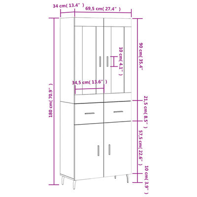 vidaXL Highboard Räuchereiche 69,5x34x180 cm Holzwerkstoff