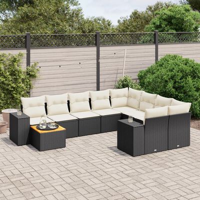 vidaXL 10-tlg. Garten-Sofagarnitur mit Kissen Schwarz Poly Rattan