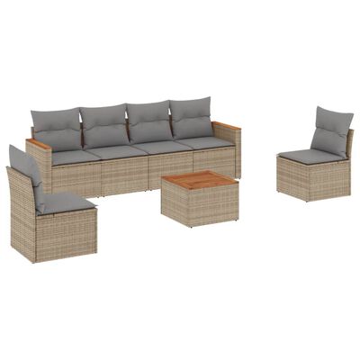 vidaXL 7-tlg. Garten-Sofagarnitur mit Kissen Beige Poly Rattan