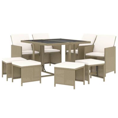 vidaXL 9-tlg. Garten-Essgruppe mit Kissen Poly Rattan Beige