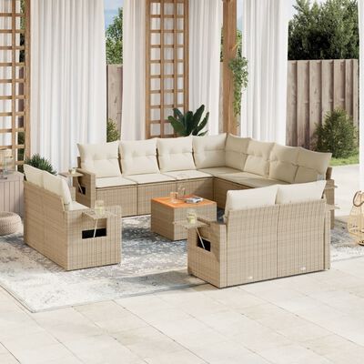 vidaXL 12-tlg. Garten-Sofagarnitur mit Kissen Beige Poly Rattan