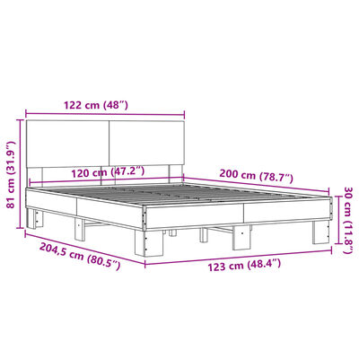 vidaXL Bettgestell Braun Eichen-Optik 120x200 cm Holzwerkstoff Metall