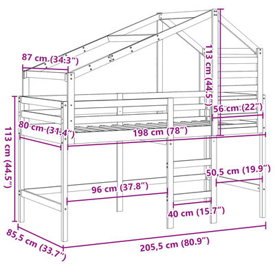 vidaXL Hochbett mit Leiter und Dach 80x200 cm Massivholz Kiefer