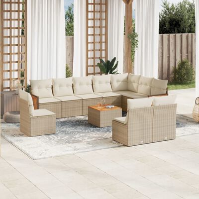 vidaXL 11-tlg. Garten-Sofagarnitur mit Kissen Beige Poly Rattan