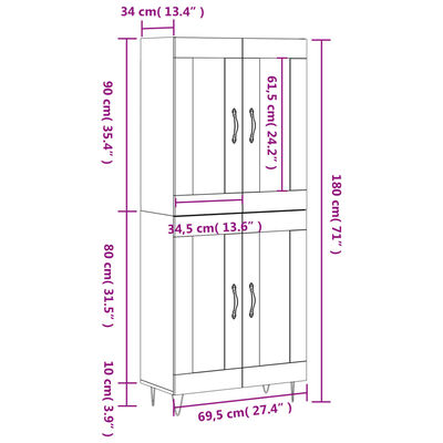 vidaXL Highboard Räuchereiche 69,5x34x180 cm Holzwerkstoff