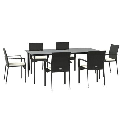 vidaXL 7-tlg. Garten-Essgruppe mit Kissen Schwarz Poly Rattan