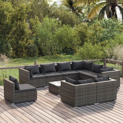 vidaXL 10-tlg. Garten-Lounge-Set mit Kissen Poly Rattan Grau