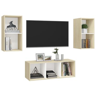 vidaXL 3-tlg. TV-Schrank-Set Weiß Sonoma-Eiche Holzwerkstoff