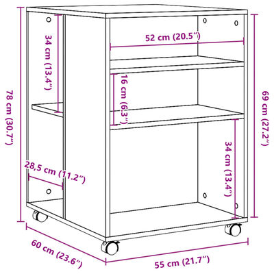 vidaXL Beistelltisch mit Rollen Betongrau 55x60x78 cm Holzwerkstoff