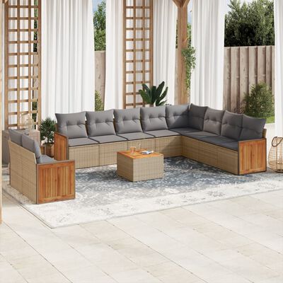 vidaXL 11-tlg. Garten-Sofagarnitur mit Kissen Beige Poly Rattan