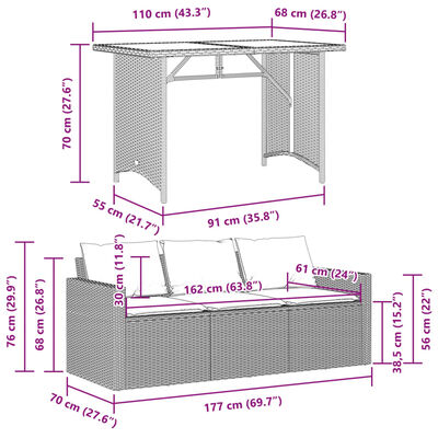 vidaXL 2-tlg. Garten-Essgruppe mit Kissen Schwarz Poly Rattan