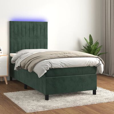 vidaXL Boxspringbett mit Matratze & LED Dunkelgrün 90x190 cm Samt