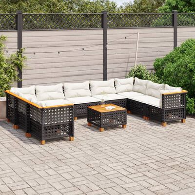 vidaXL 10-tlg. Garten-Sofagarnitur mit Kissen Schwarz Poly Rattan