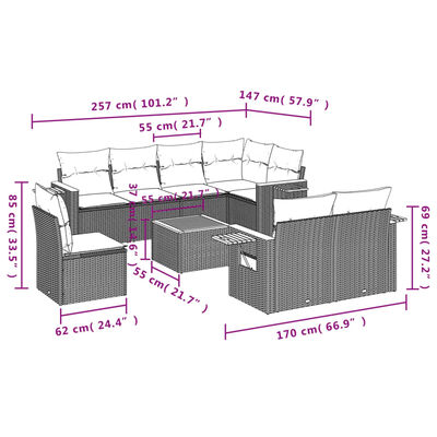 vidaXL 9-tlg. Garten-Sofagarnitur mit Kissen Beige Poly Rattan