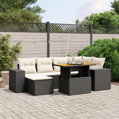 vidaXL 7-tlg. Garten-Sofagarnitur mit Kissen Schwarz Poly Rattan