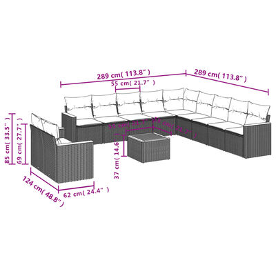 vidaXL 12-tlg. Garten-Sofagarnitur mit Kissen Schwarz Poly Rattan