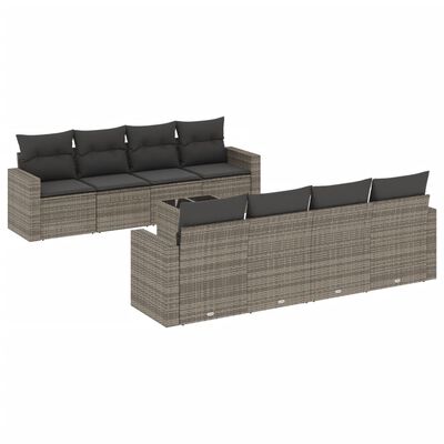 vidaXL 9-tlg. Garten-Sofagarnitur mit Kissen Grau Poly Rattan