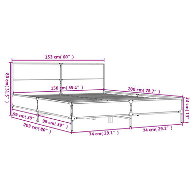 vidaXL Bettgestell Räuchereiche 150x200 cm Holzwerkstoff und Metall