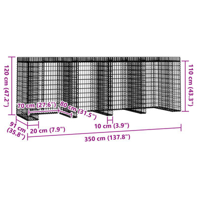 vidaXL Gabionen-Mülltonnenbox 350x91x120 cm Verzinktes Eisen