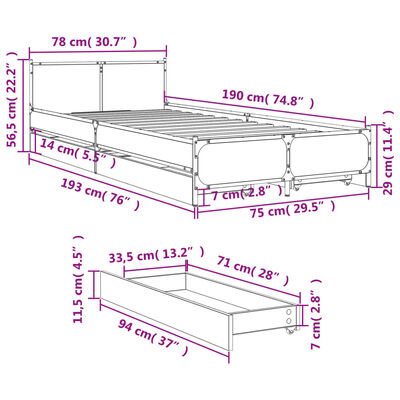 vidaXL Bettgestell mit Schubladen Sonoma-Eiche 75x190 cm Holzwerkstoff