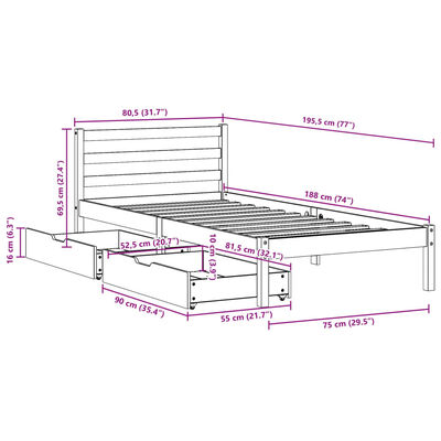 vidaXL Massivholzbett ohne Matratze Weiß 75x190 cm Kiefernholz