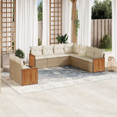 vidaXL 9-tlg. Garten-Sofagarnitur mit Kissen Beige Poly Rattan