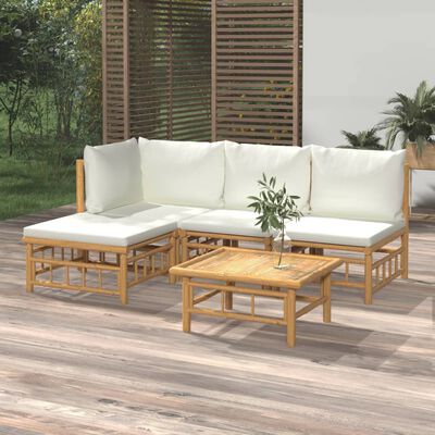 vidaXL 5-tlg. Garten-Lounge-Set mit Cremeweißen Kissen Bambus