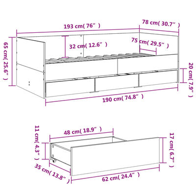 vidaXL Tagesbett mit Schubladen ohne Matratze Sonoma-Eiche 75x190 cm