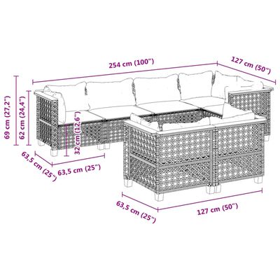 vidaXL 7-tlg. Garten-Sofagarnitur mit Kissen Schwarz Poly Rattan