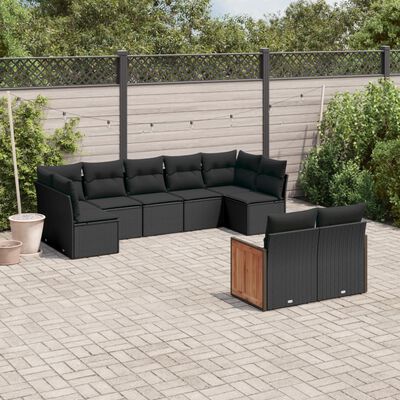 vidaXL 9-tlg. Garten-Sofagarnitur mit Kissen Schwarz Poly Rattan