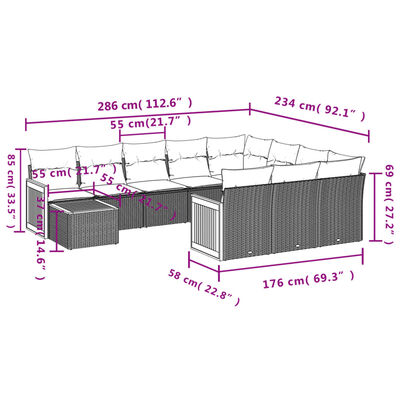 vidaXL 11-tlg. Garten-Sofagarnitur mit Kissen Grau Poly Rattan